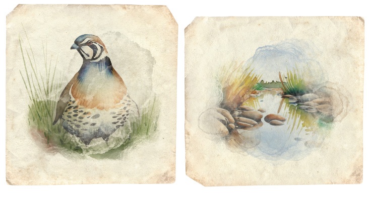Custom quail and landscape watercolor illustrations on distressed parchment paper