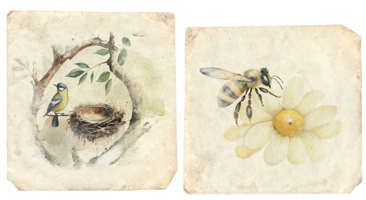 Custom bird and bee with flower watercolor illustrations on distressed parchment paper