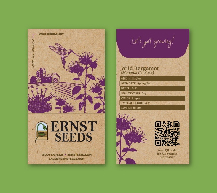 Ernst Seeds single-serve Wild Bergamot seed packaging design