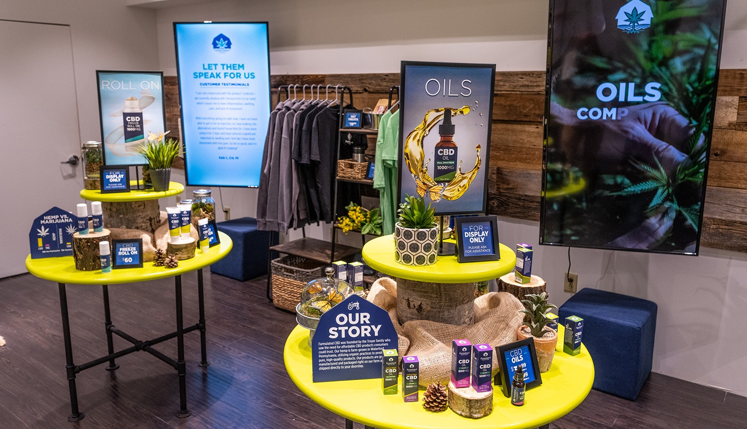 Farmulated CBD in-store table product displays