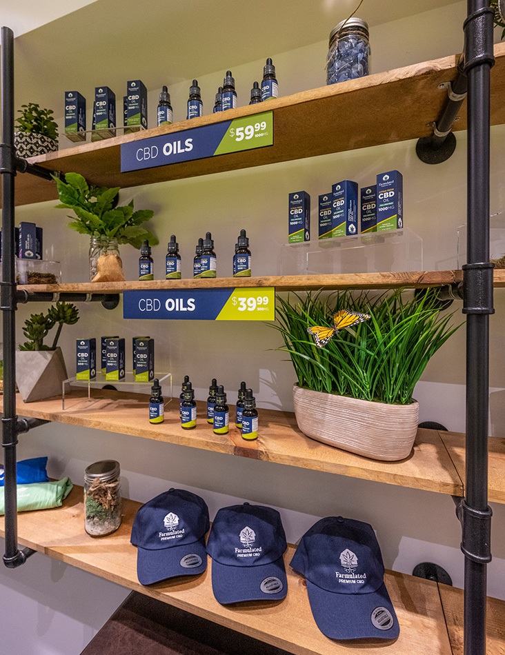 Farmulated interior branding apparel and product display shelves