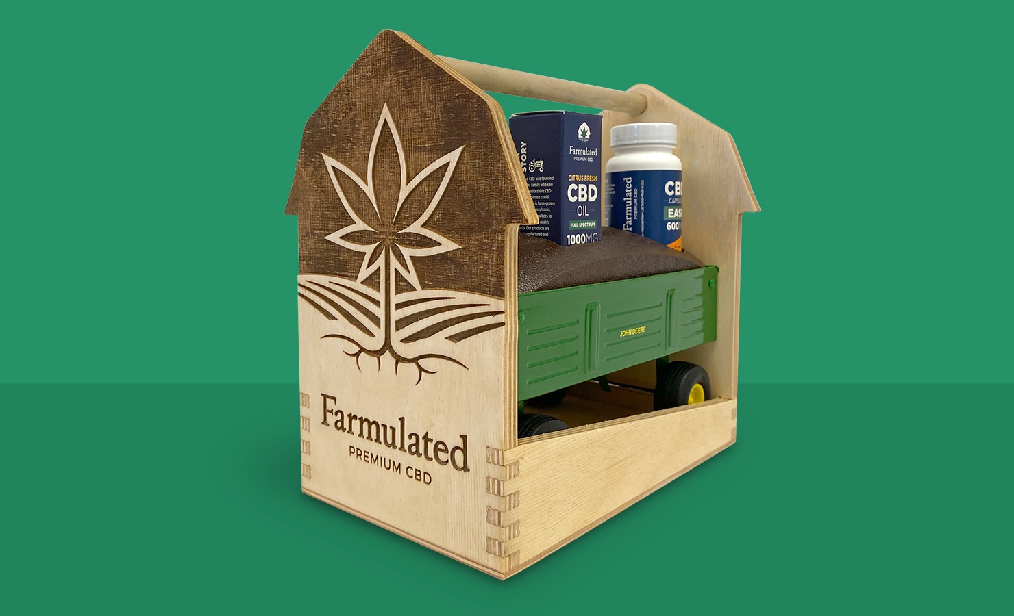Farmulated custom wooden gift box with carved logo on side