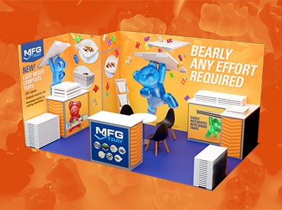 MFG Tray tradeshow booth render with large gummy bear wall graphics