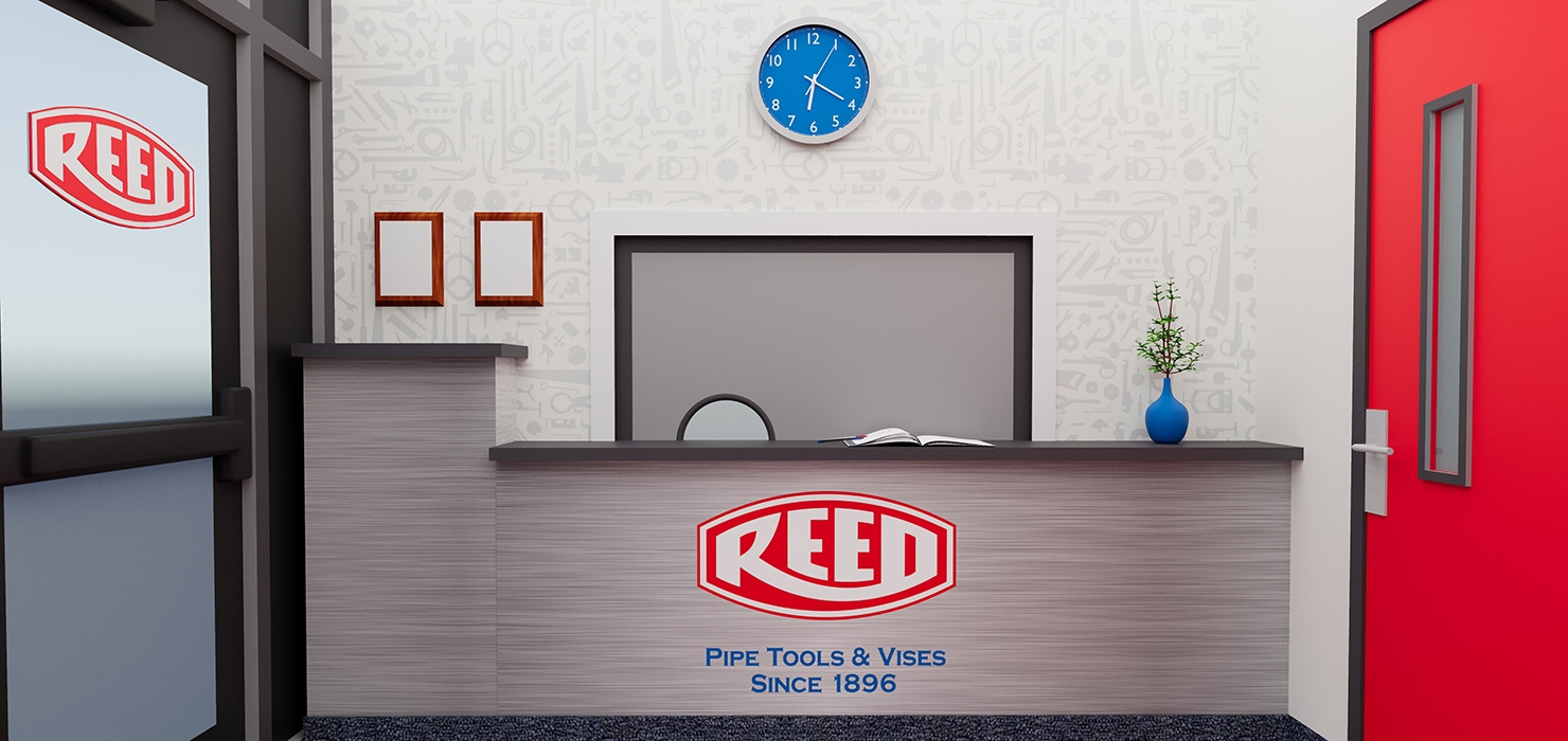 REED Manufacturing aluminum front desk with logo sign in lobby