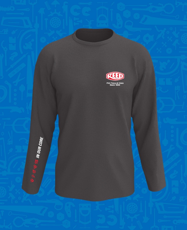 REED Manufacturing employee long-sleeve black tee shirt front with logo on front pocket area