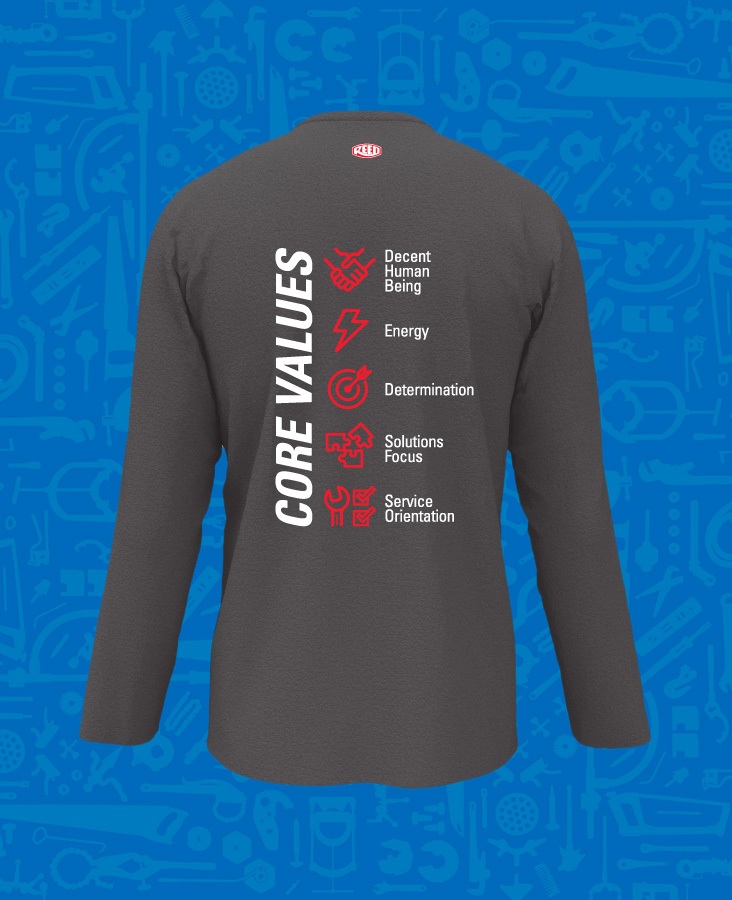 REED Manufacturing employee long-sleeve black tee shirt back with icons and core values listed