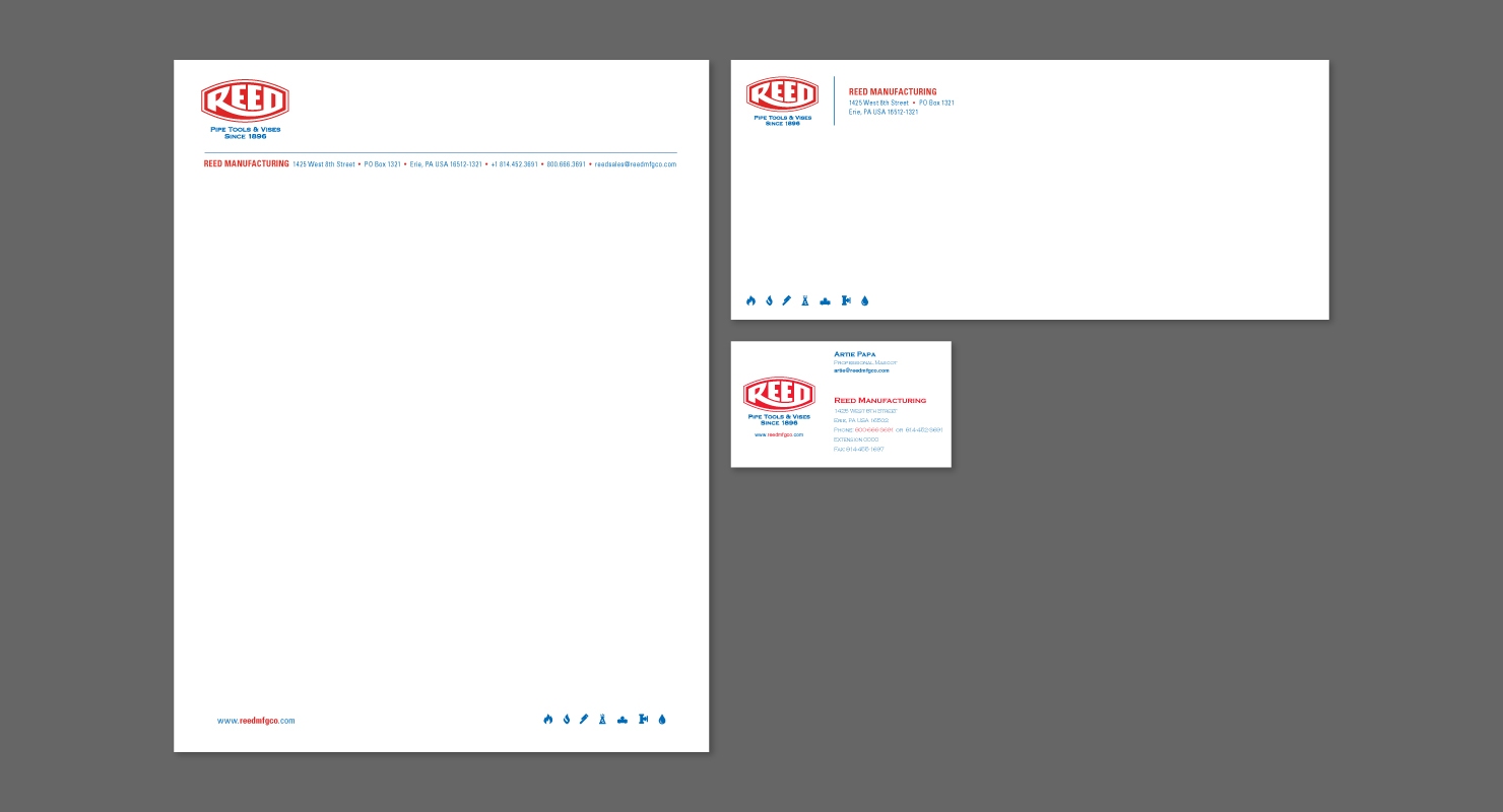 REED Manufacturing brand identity system stationery with letterhead, envelope, and business card