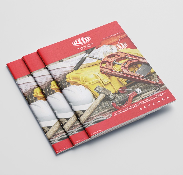 Three REED Manufacturing product catalogs stacked with front covers shown