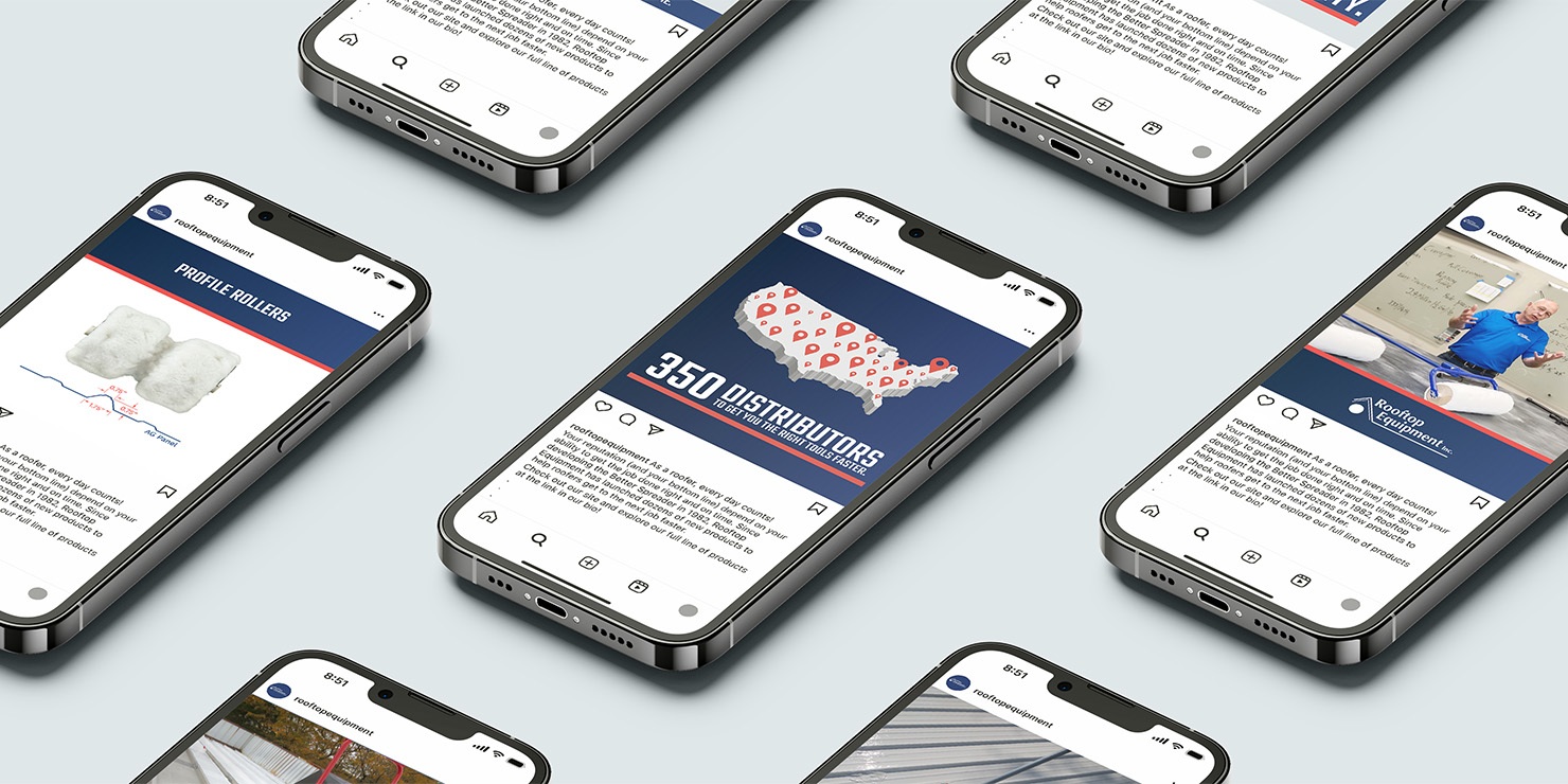 Multiple iPhones with Rooftop Equipment Instagram posts displayed.