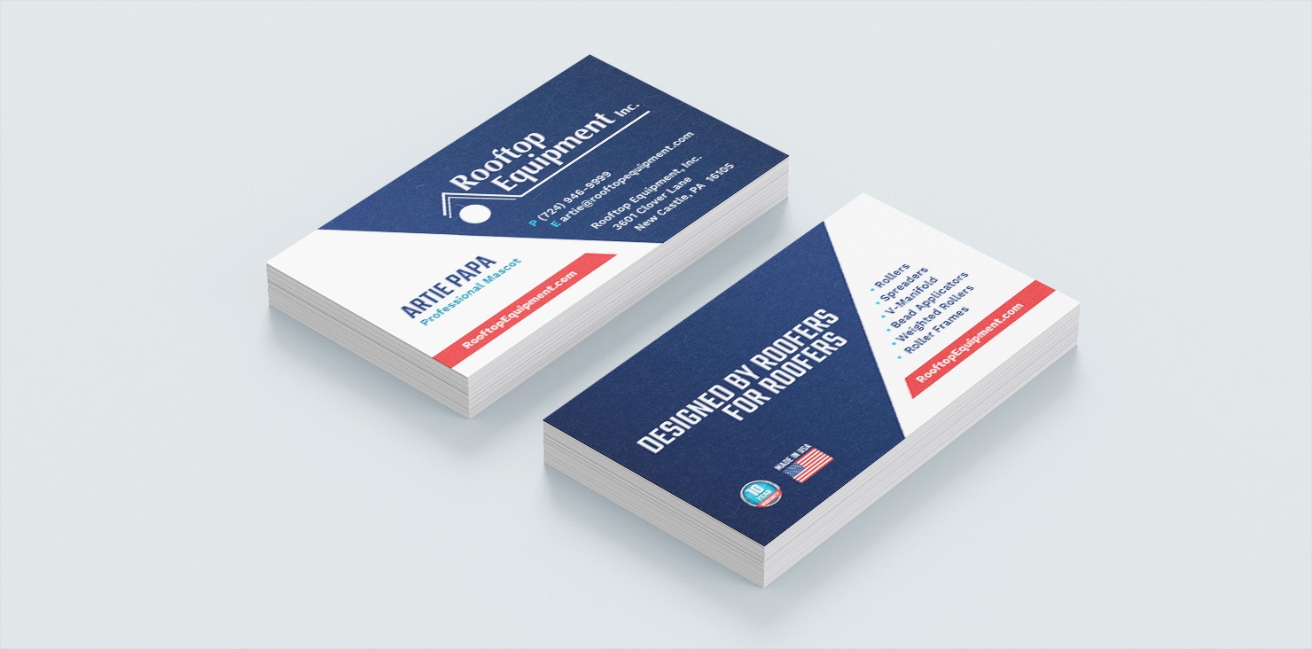 Two stacks of Rooftop Equipment business cards, showing front and back.