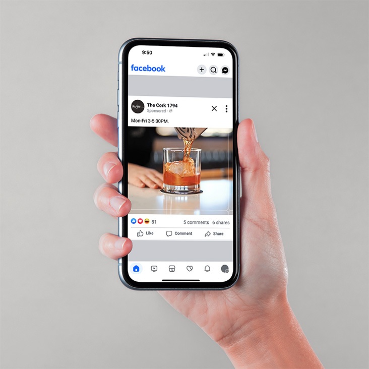 Red Letter Hospitality The Cork Happy Hour Facebook Ad in Feed