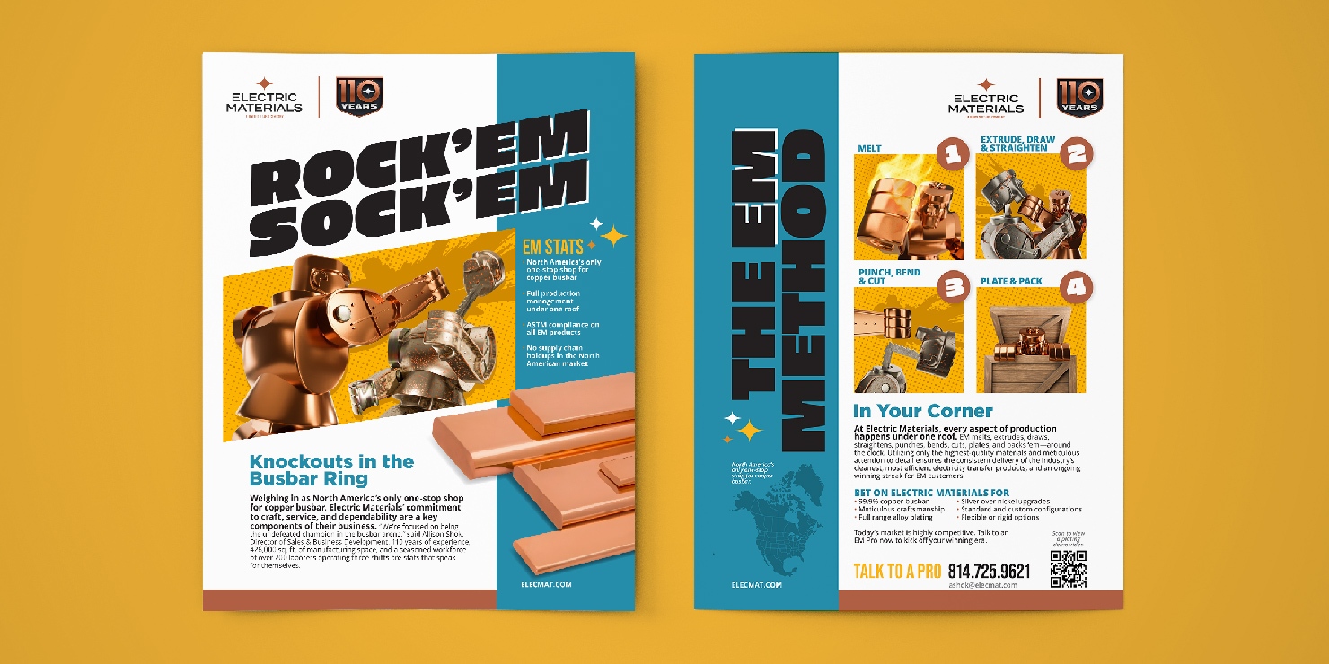 Front and back view of busbar flyer on yellow background