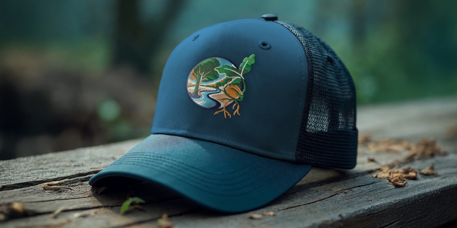 French Creek Nursery embroidered on a baseball cap sitting on a wooden bench.