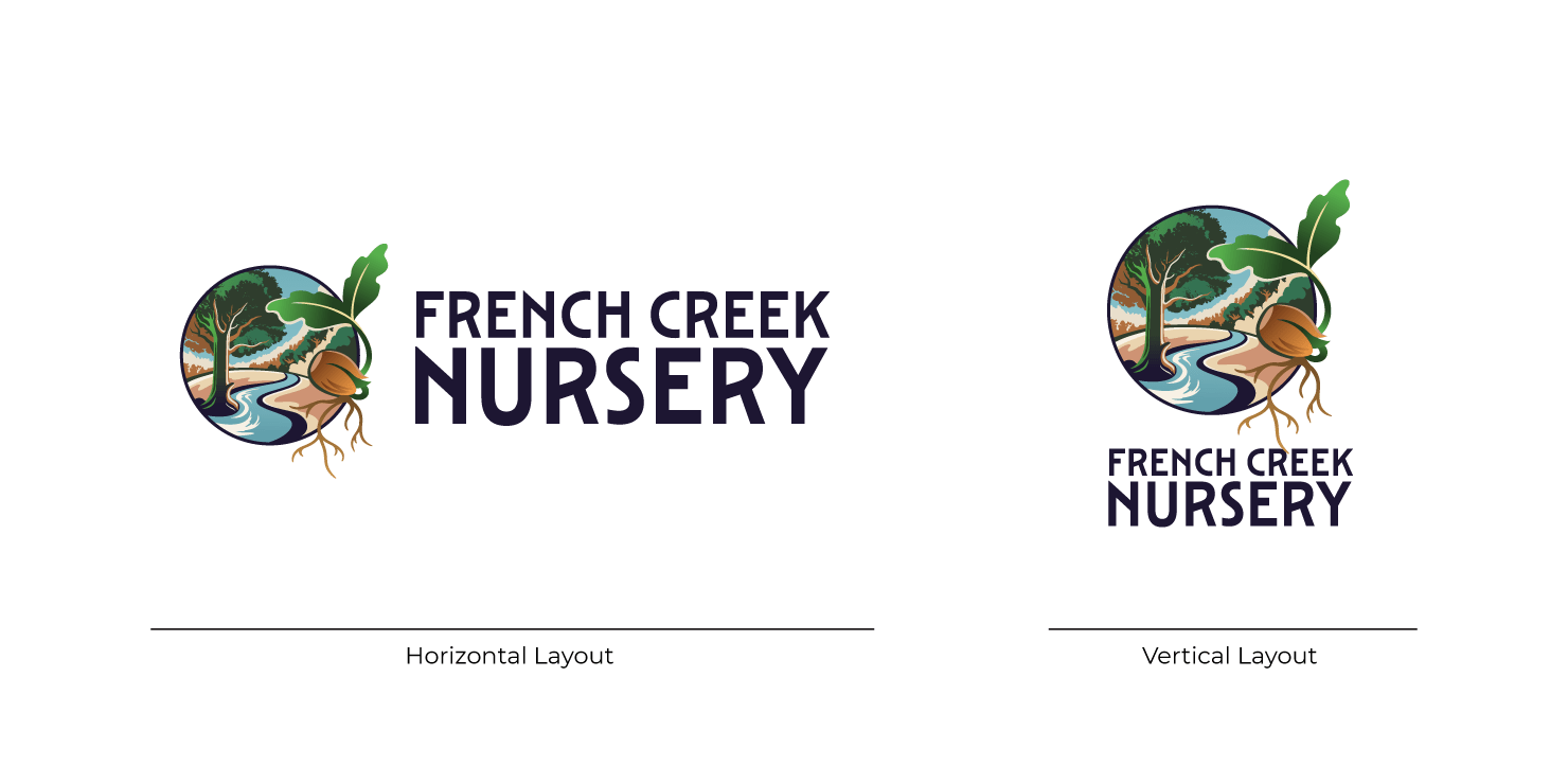 Horizontal and vertical layout of the full color French Creek Nursery logo.