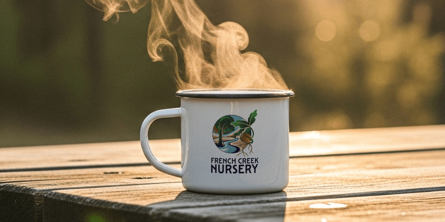 French Creek Nursery logo displayed on a steaming coffee mug during the sunrise.