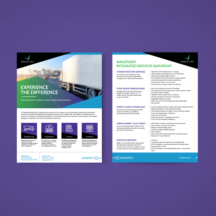 Front and back view of a one page flyer against a purple background.